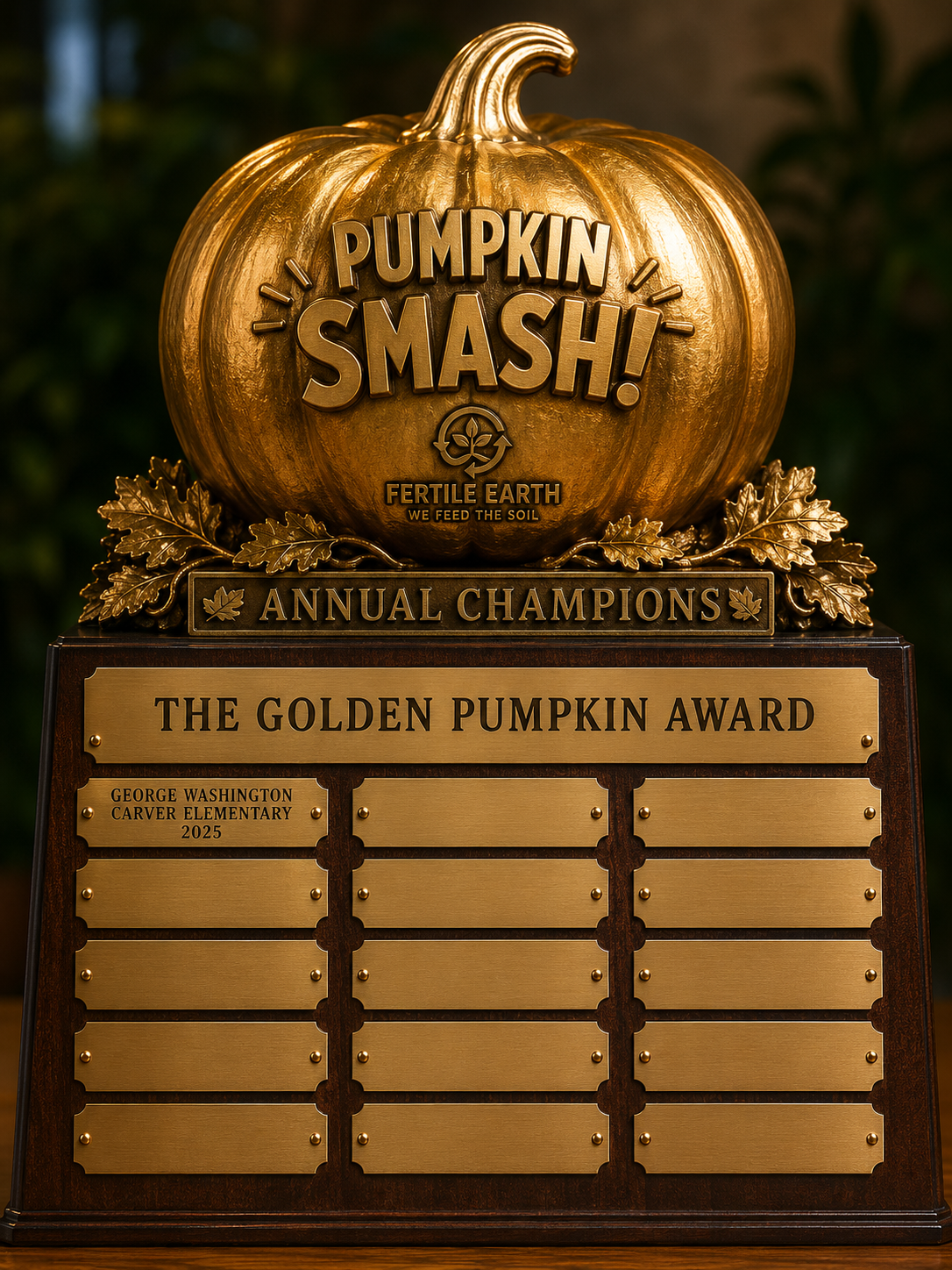 The Golden Pumpkin Award trophy engraved with George Washington Carver Elementary School